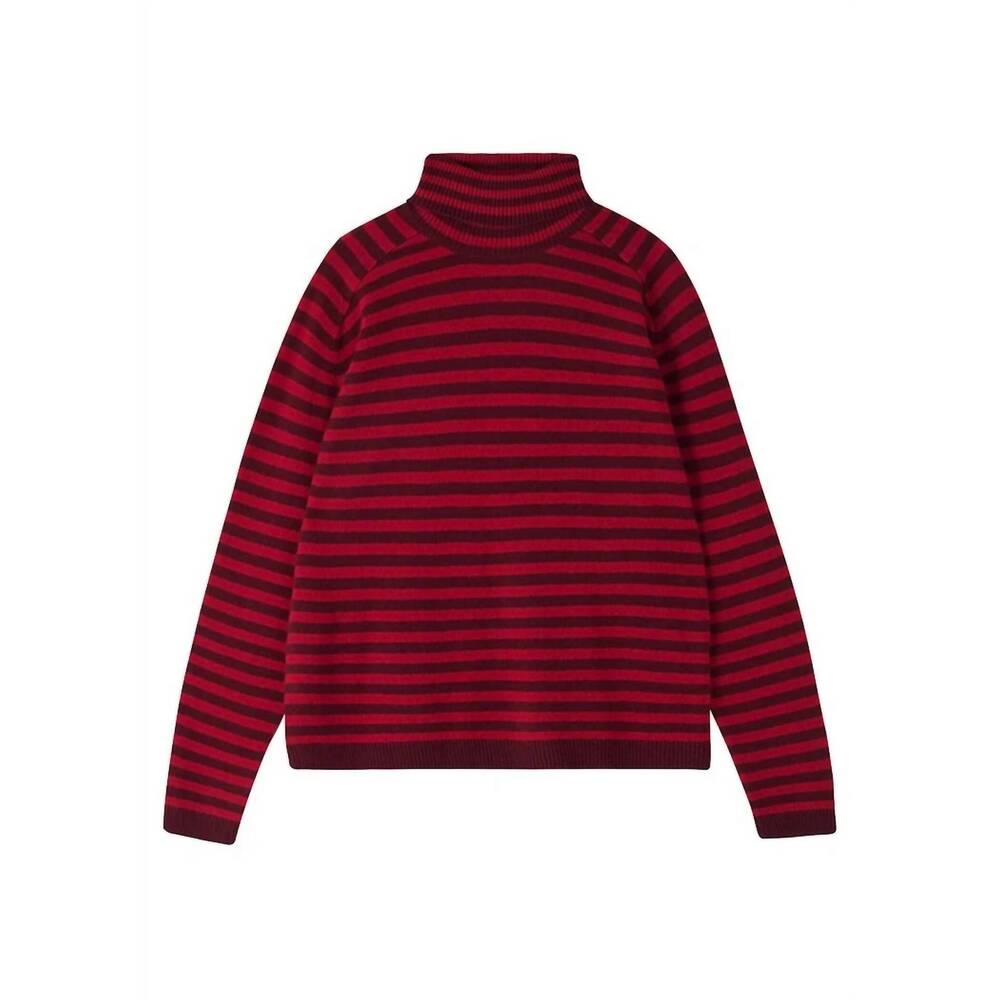 NEW JUMPER1234 women's narrow stripe roll collar sweater in red burgandy